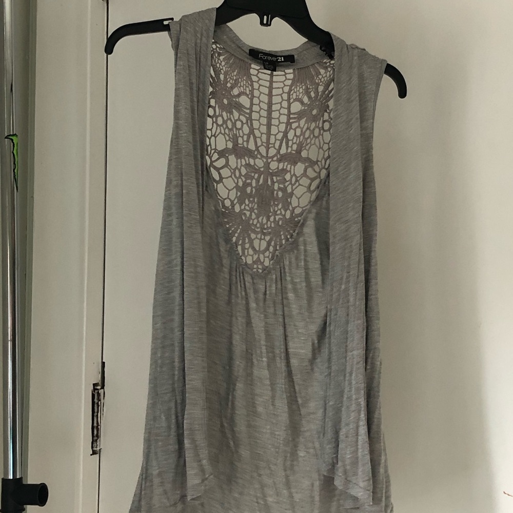 Grey sleeveless cardigan with crocheted back
